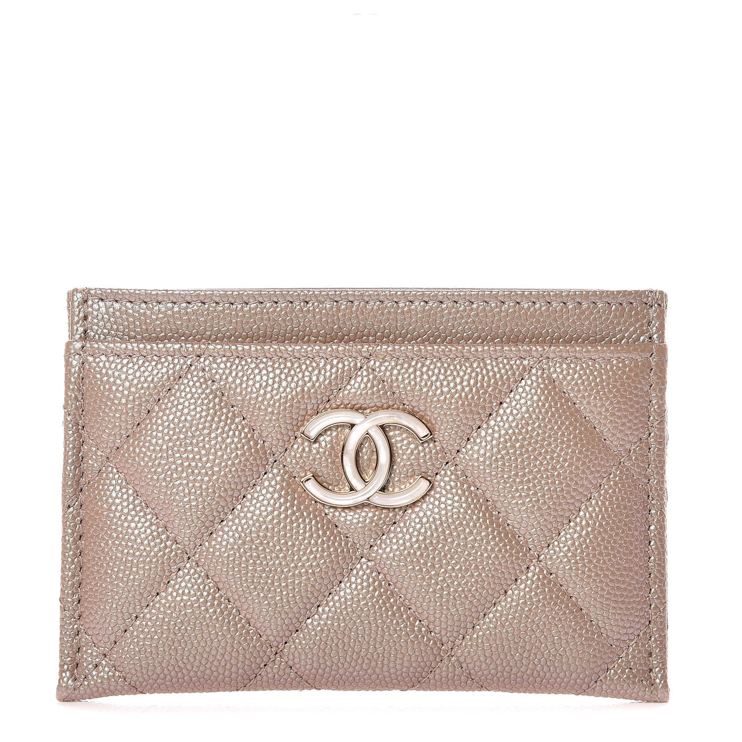 Iridescent Caviar Quilted Card Holder Beige