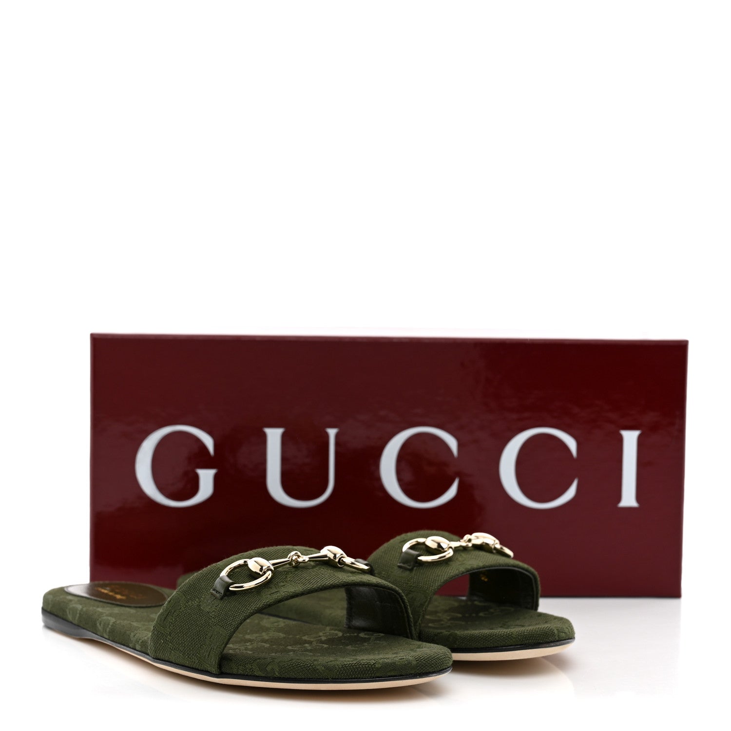 Gucci New Canvas Monogram GG Granada Kid Horsebit Slide Sandals 38 Dark Green 10 of 10