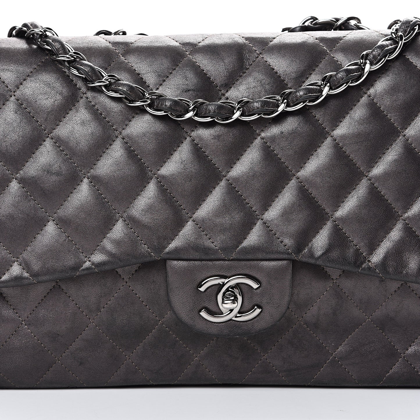 Metallic Lambskin Quilted Jumbo Single Flap Dark Grey