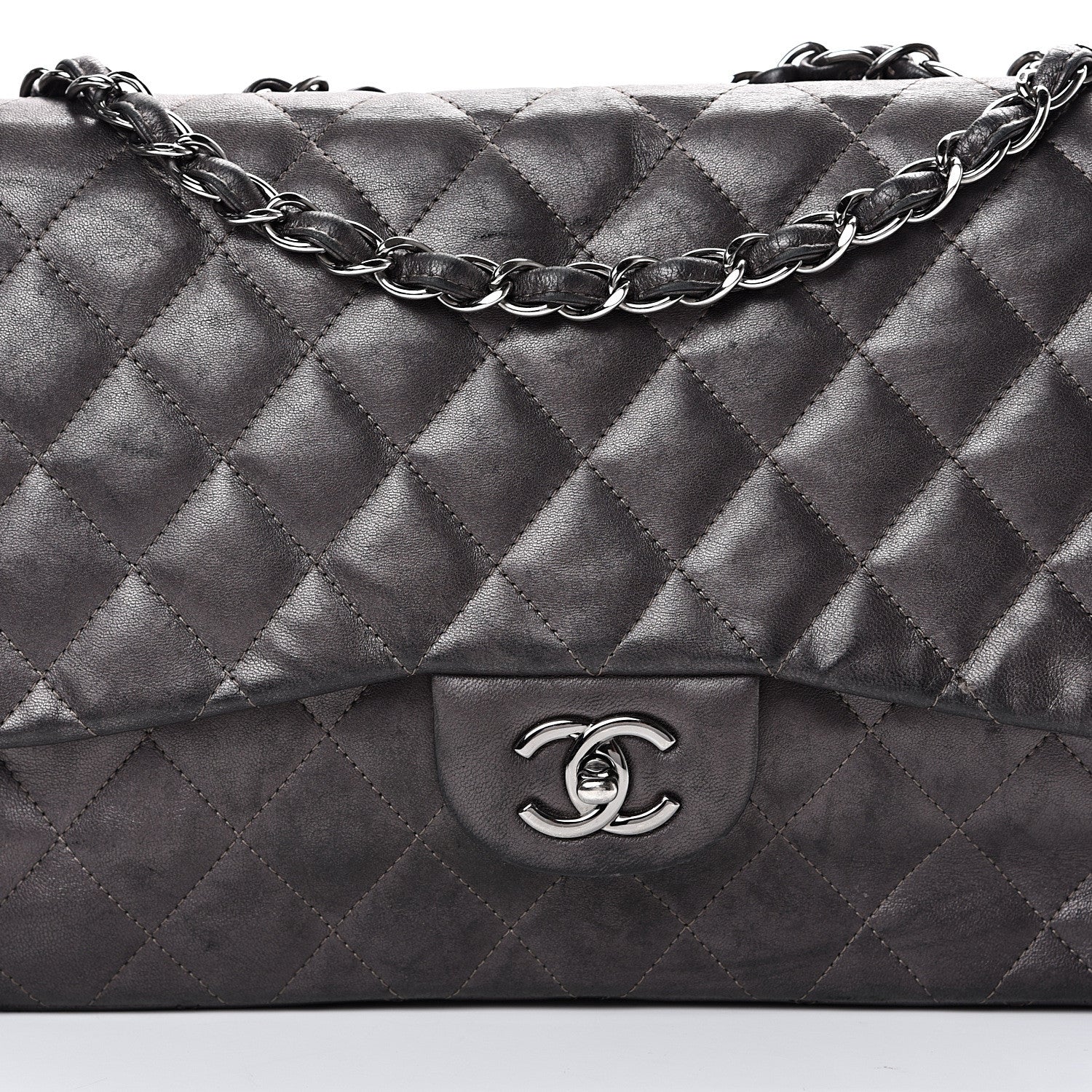 Chanel Metallic Lambskin Quilted Jumbo Single Flap Dark Grey 11 of 22