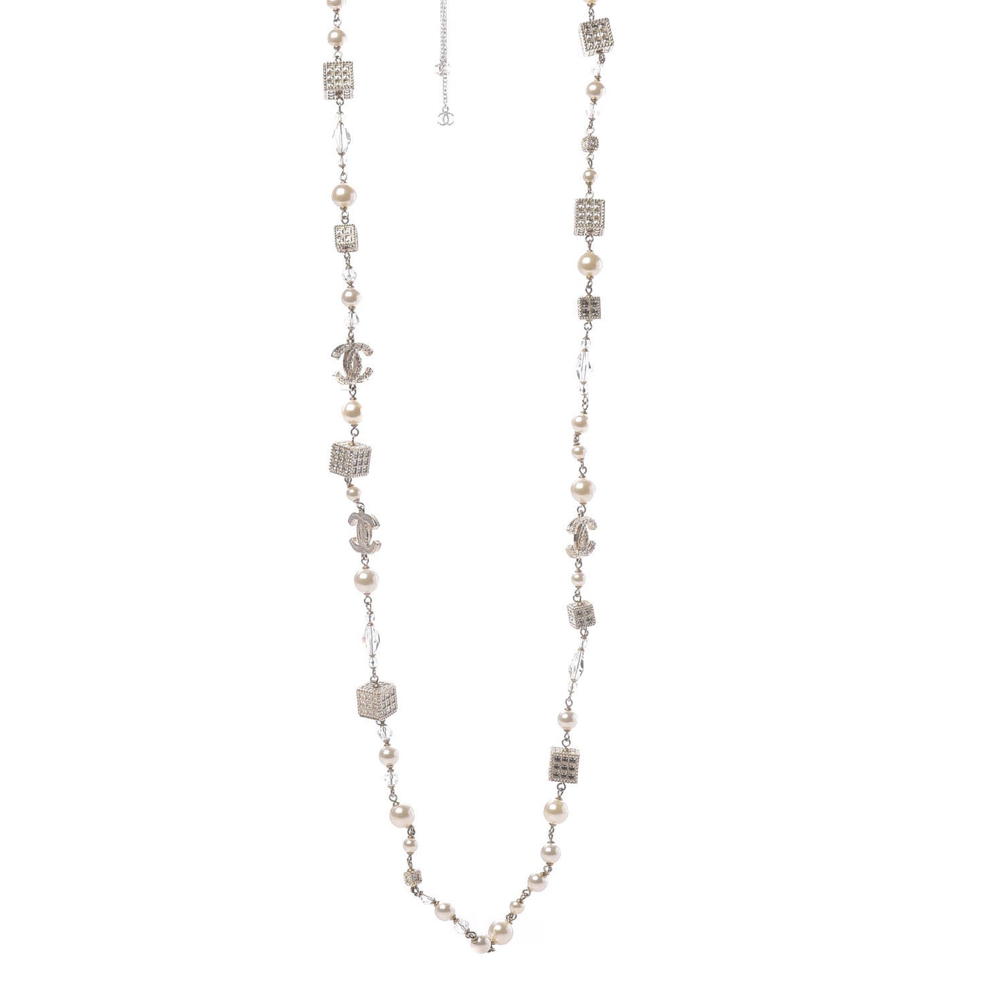 Pearl Baguette Crystal CC Long Necklace Gold