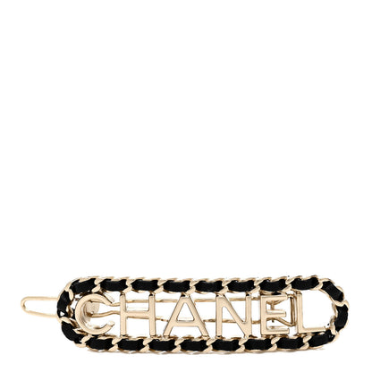Chanel Metal Lambskin Vintage Allure Logo Hair Clip Black Gold 1 of 4