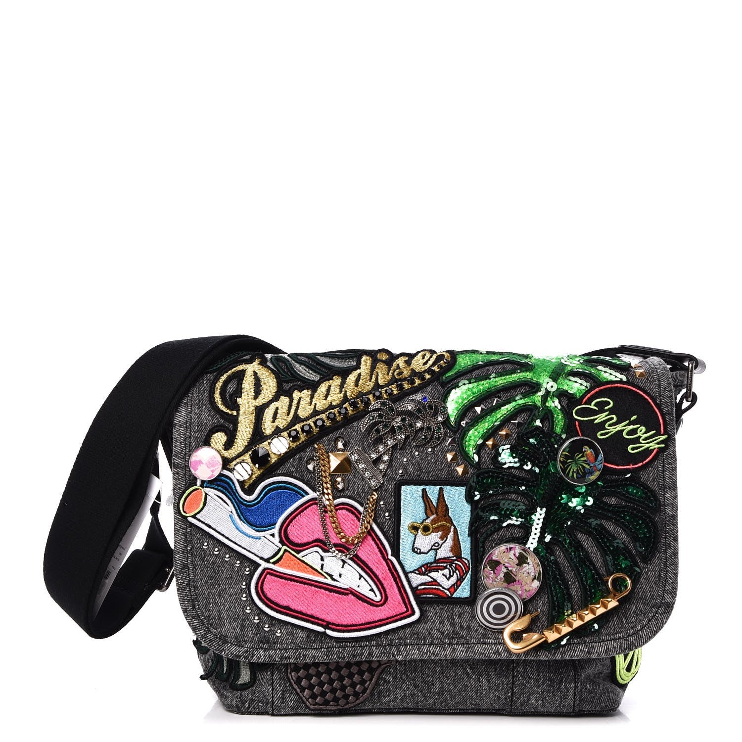 Marc Jacobs Denim Patchwork Paradise Biker Courier Bag Black 1 of 18
