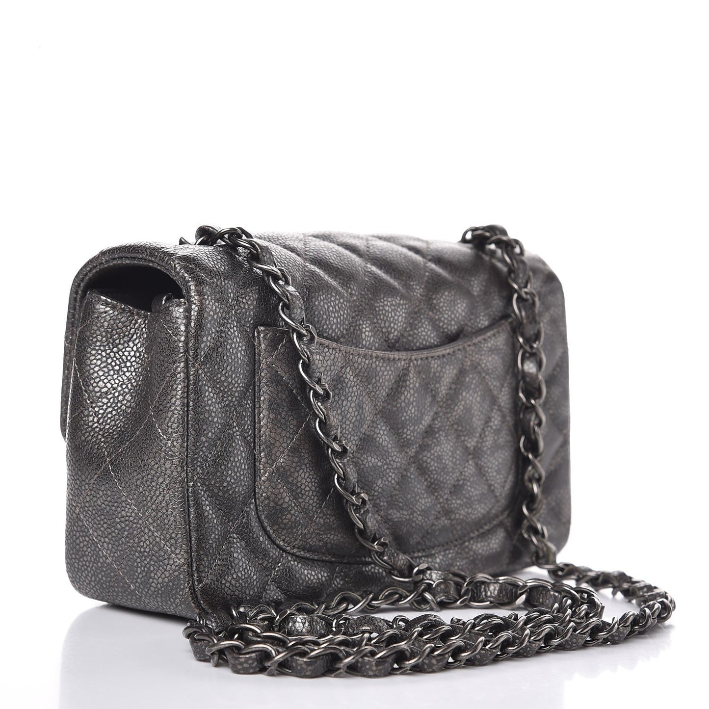 Metallic Caviar Quilted Mini Rectangular Flap Dark Grey