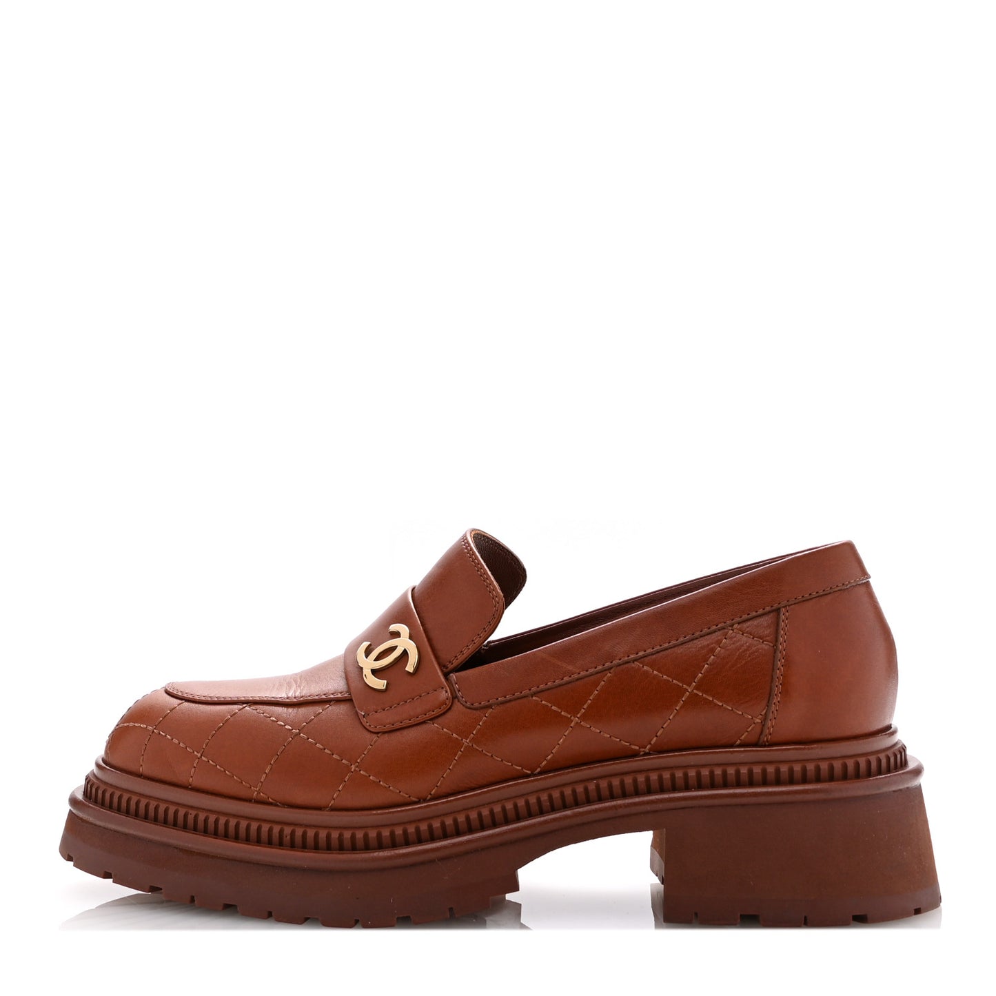 Calfskin Quilted CC Mocassin Loafers 38.5 Light Brown