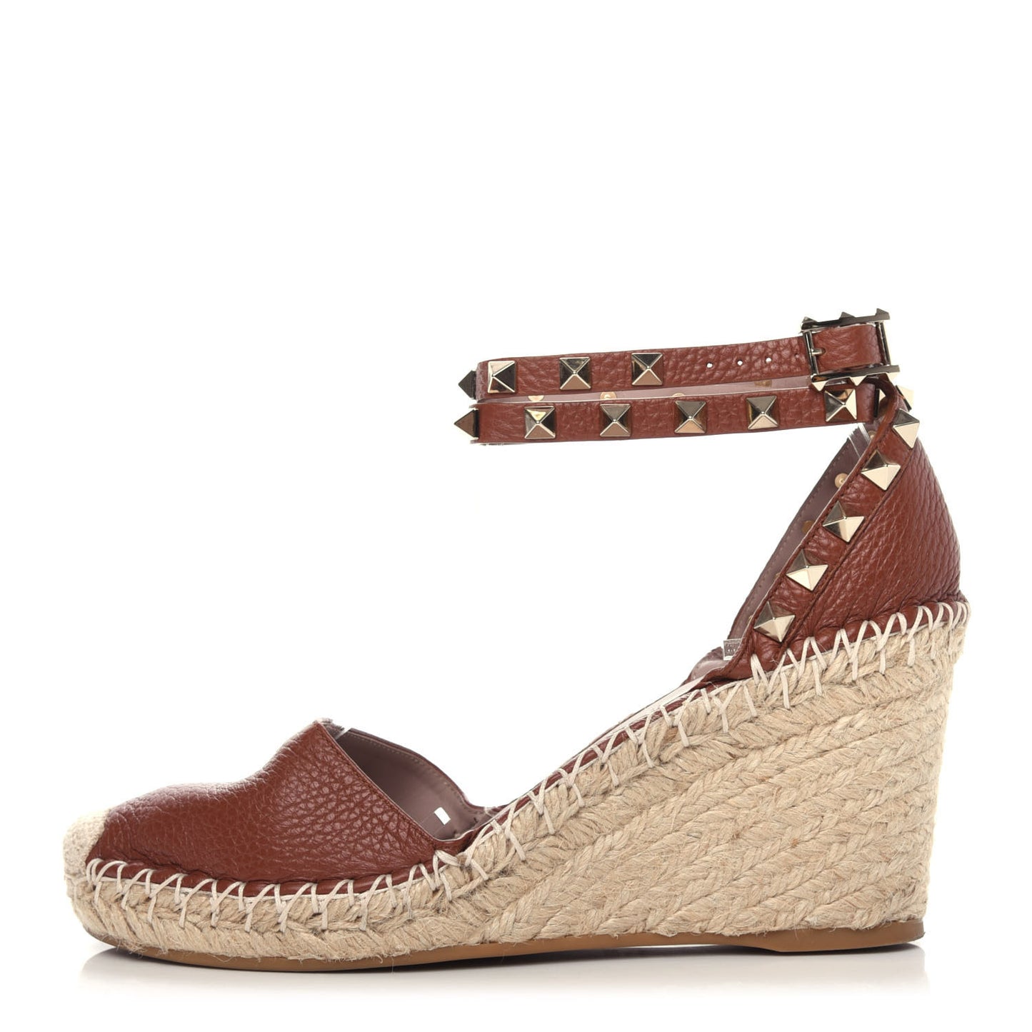Grained Calfskin Rockstud Ankle Wrap Espadrille 15/85mm Wedges 37 Cuoio