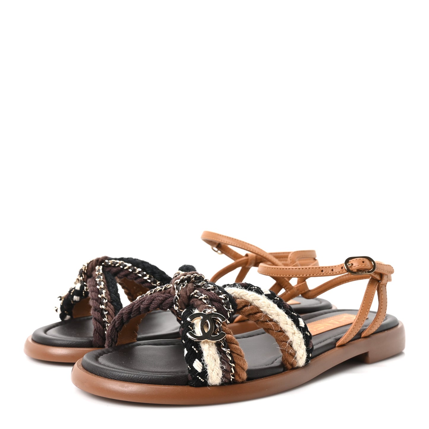 Lambskin Cord Chain CC Sandals 37 Brown Black Ivory
