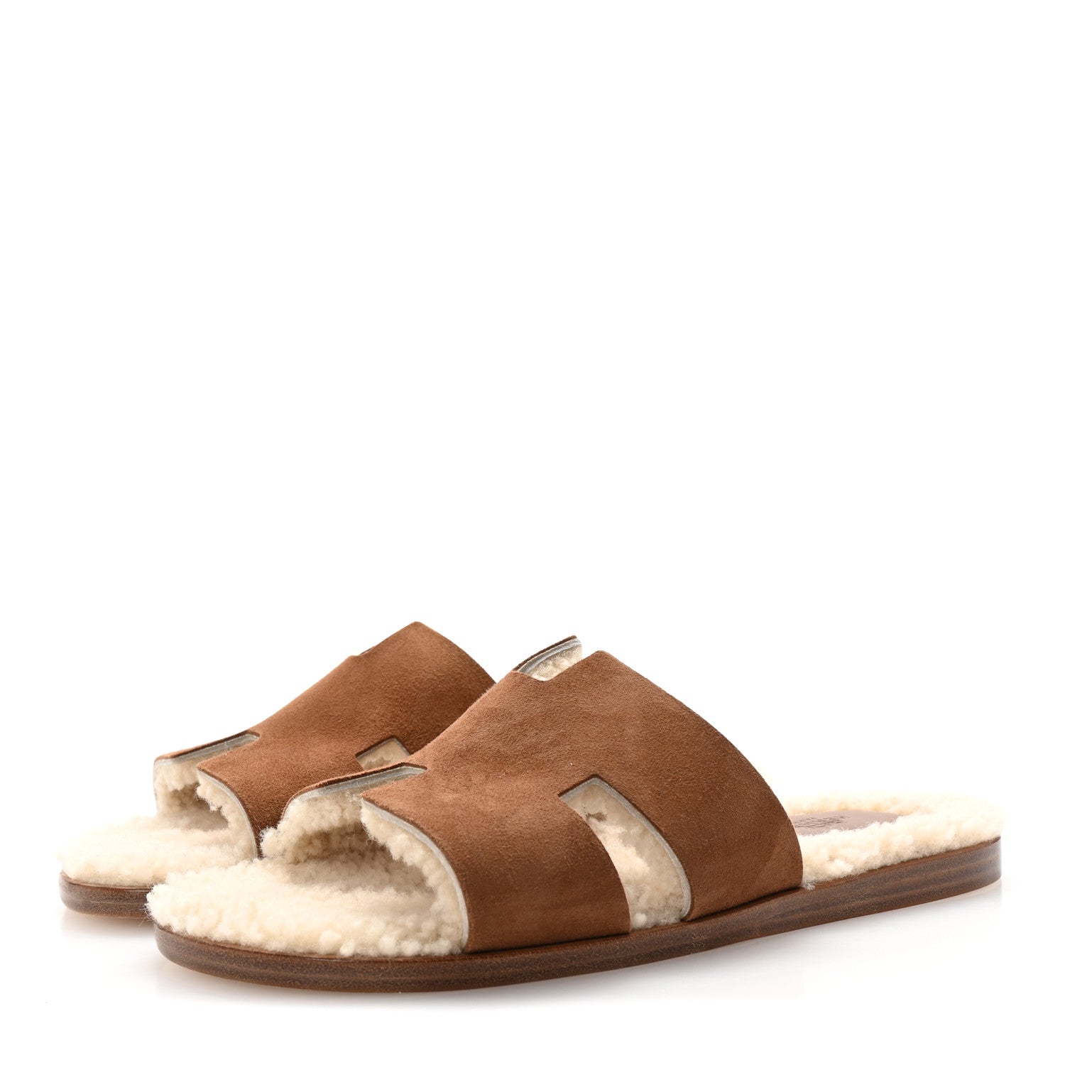 Hermes Suede Goatskin Shearling Mens Izmir Sandals 42 Marron Teck Ecru 4 of 9