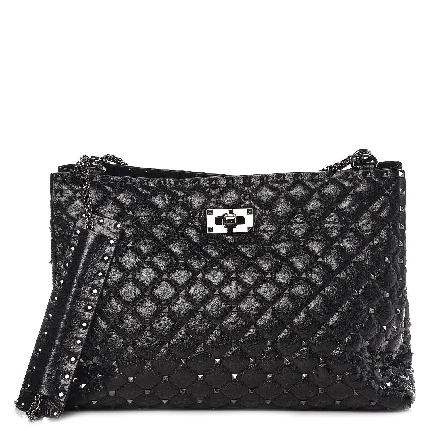 Valentino Garavani Craquele Nappa Rockstud Spike Shoulder Tote Black 1 of 8