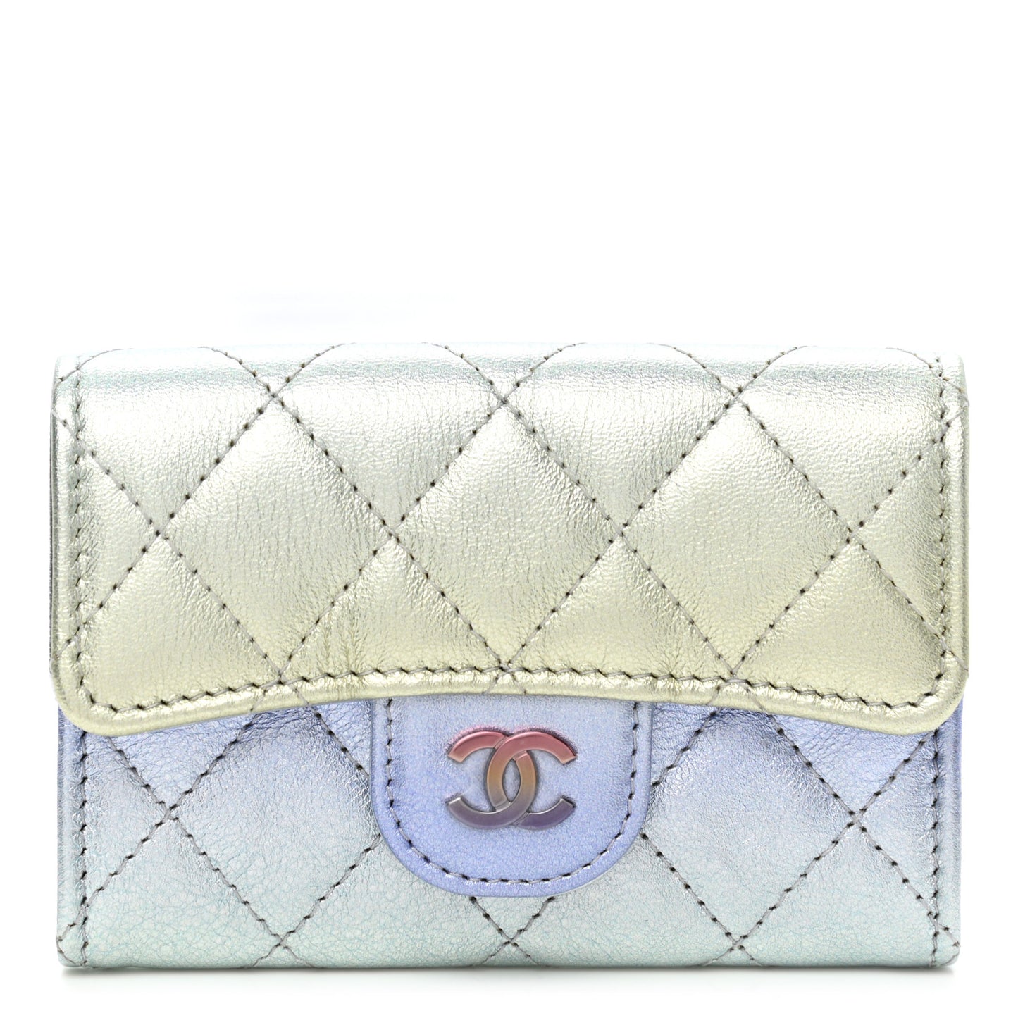 Gradient Metallic Calfskin Quilted Flap Card Holder Wallet Silver Blue Yellow Purple