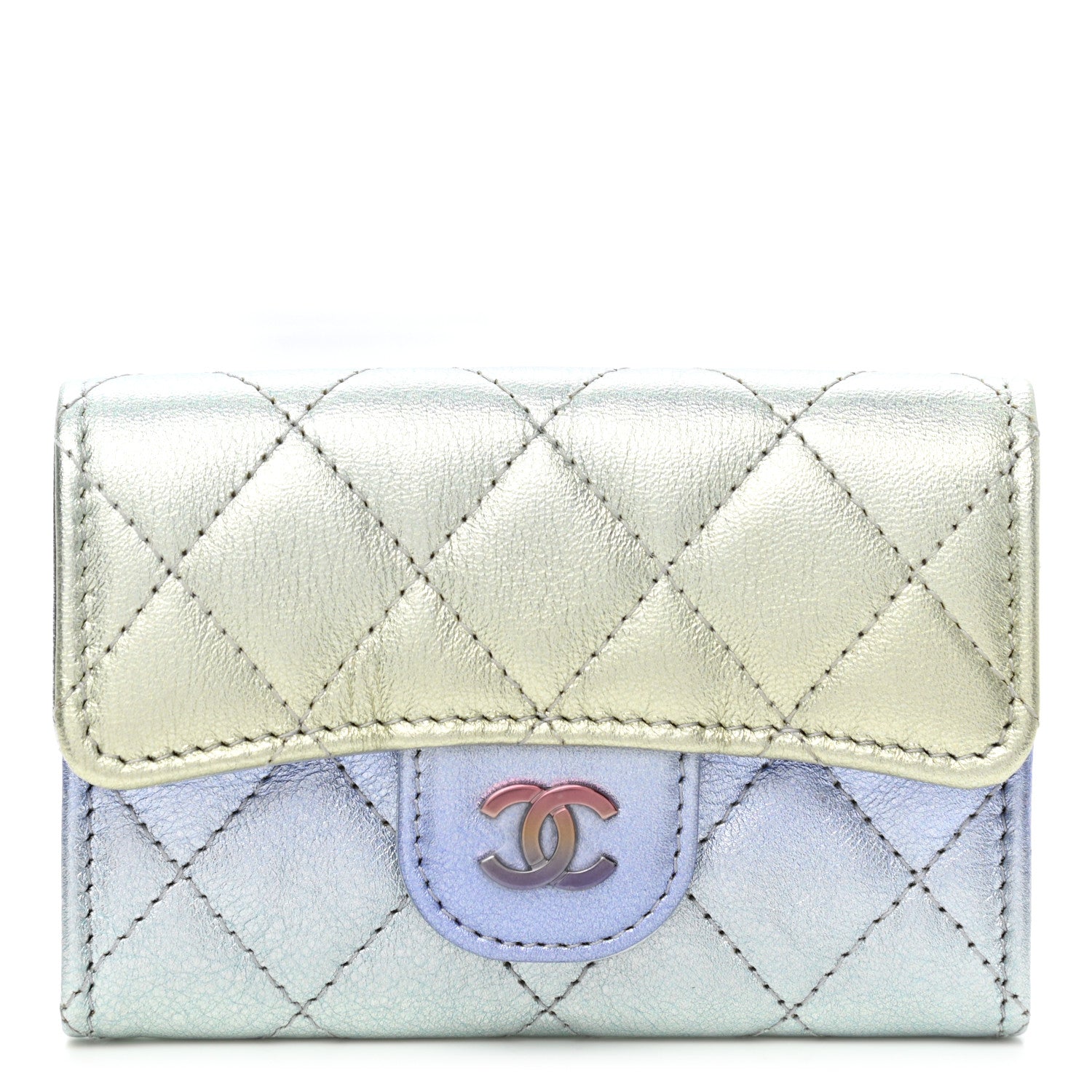 Chanel Gradient Metallic Calfskin Quilted Flap Card Holder Wallet Silver Blue Yellow Purple 1 of 10