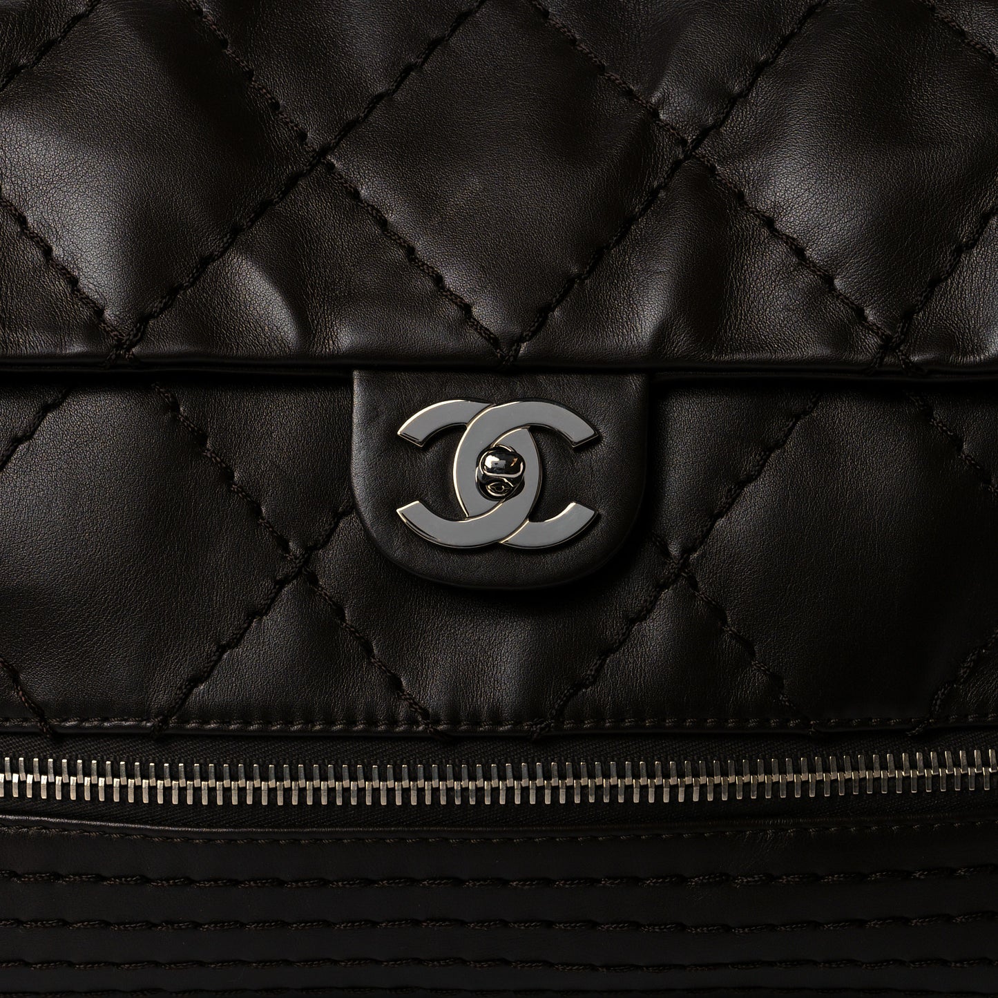 Calfskin Stitched Large Expandable Flap Bag Brown