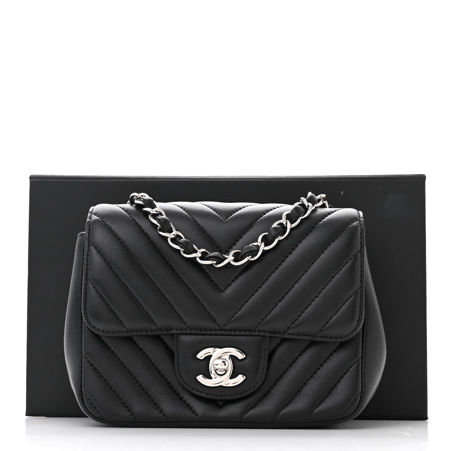Lambskin Chevron Quilted Mini Square Flap Black