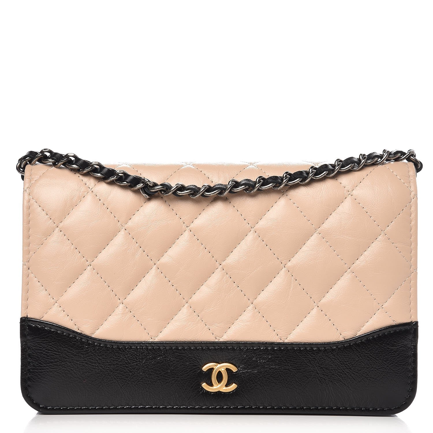 Chanel Aged Calfskin Quilted Gabrielle Wallet On Chain WOC Beige Black 1 of 9