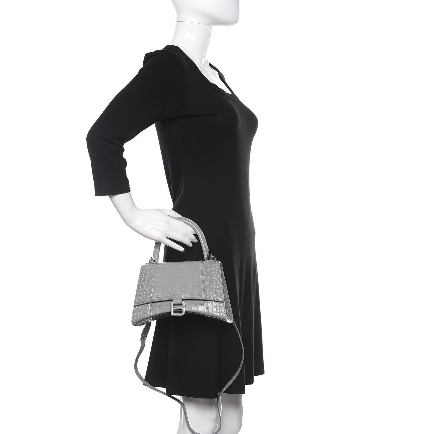 Shiny Calfskin Crocodile Embossed Small Hourglass Top Handle Bag Balenciaga Grey