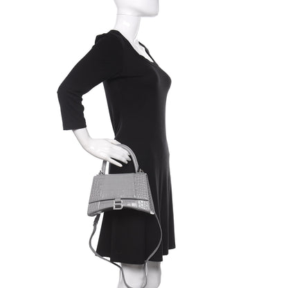 Balenciaga Shiny Calfskin Crocodile Embossed Small Hourglass Top Handle Bag Balenciaga Grey 3 of 11