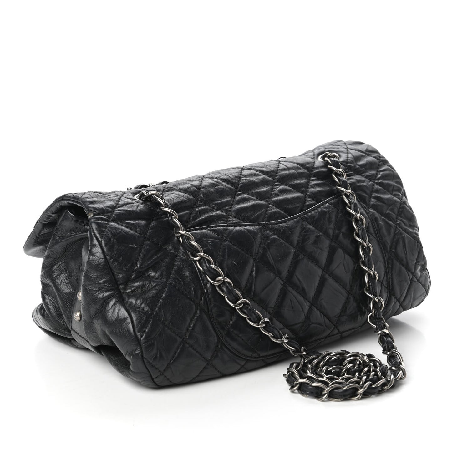 Distressed Lambskin Quilted Flap Black