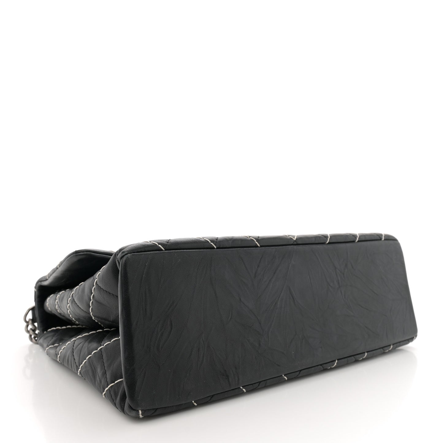 Aged Calfskin Chevron Stitched Quilted Flap Black