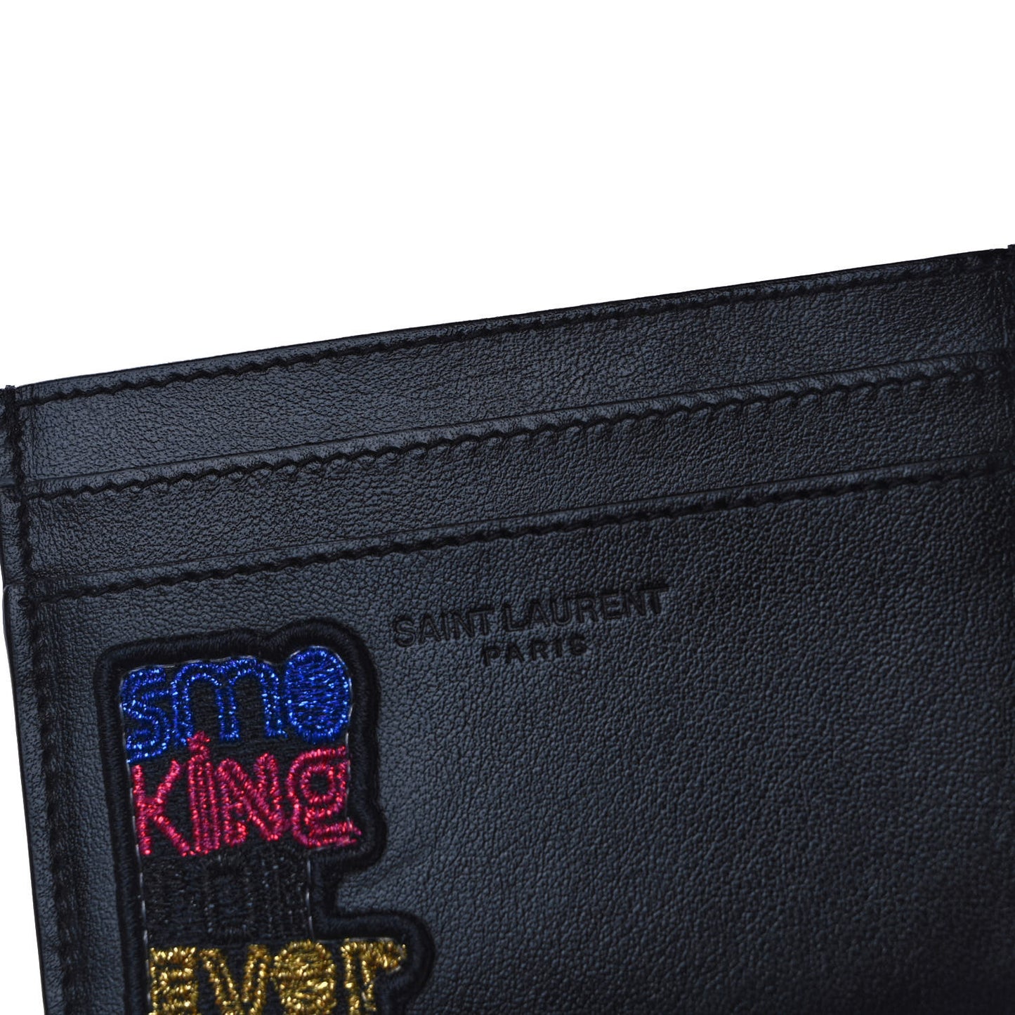 Calfskin Smoking Forever Patch Credit Card Case Black