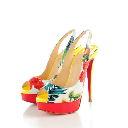 Christian Louboutin Crackled Calfskin Patent Hawaii Print Lady Peep Sling 150 Pumps 36.5 Version White 3 of 8