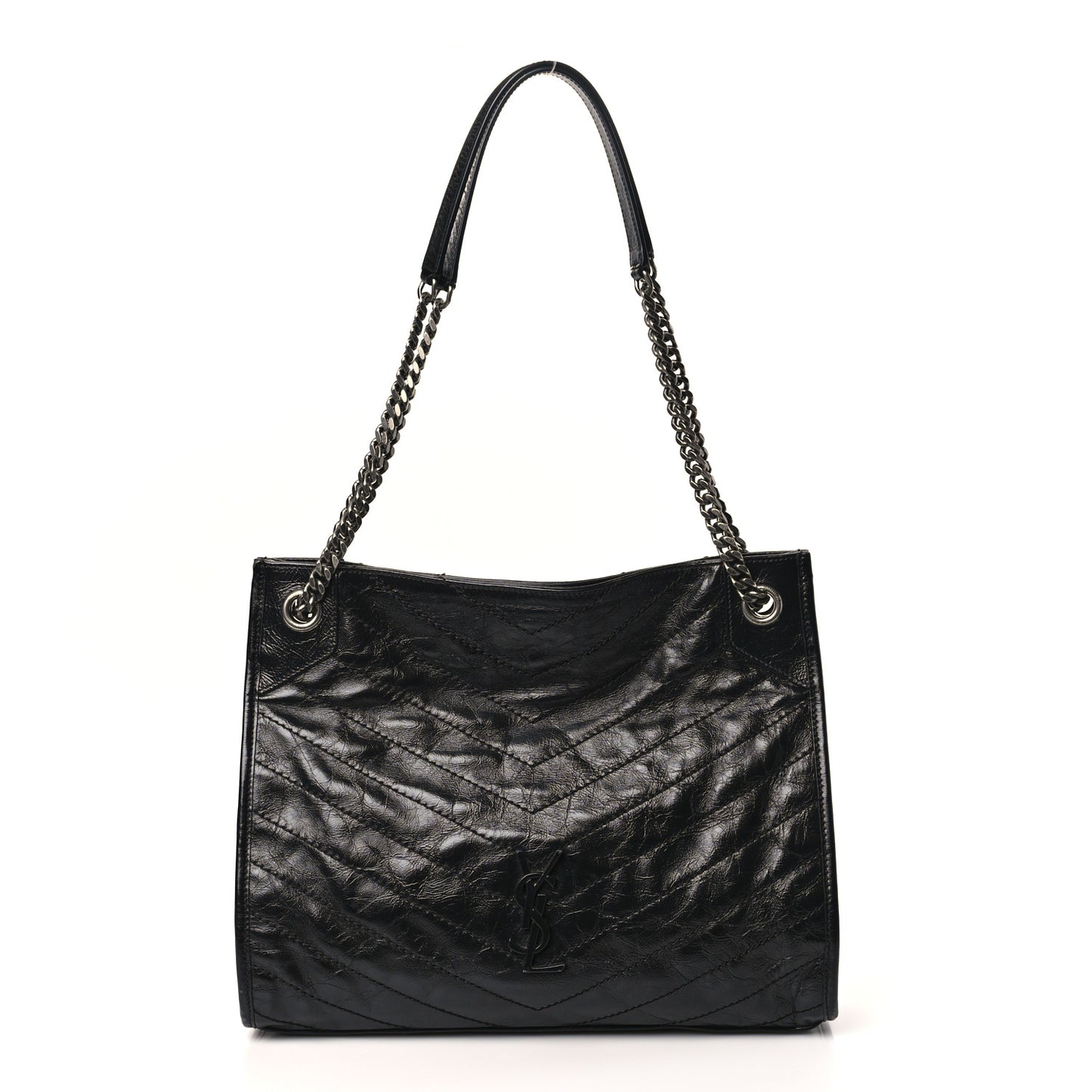 Crinkled Calfskin Matelasse Monogram Medium Niki Shopper Tote Black