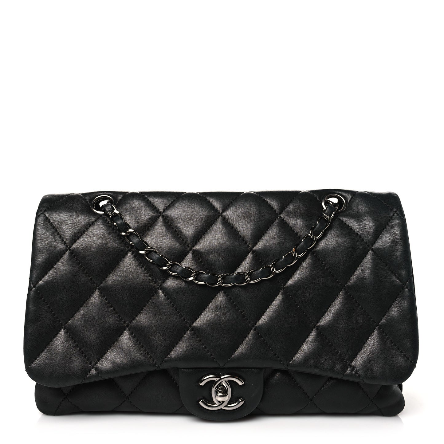 Lambskin Quilted Jumbo 3 Flap Black