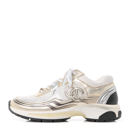 Chanel Fabric Laminated Calfskin Stretch CC Womens Sneakers 37.5 White Gold Silver 1 of 8