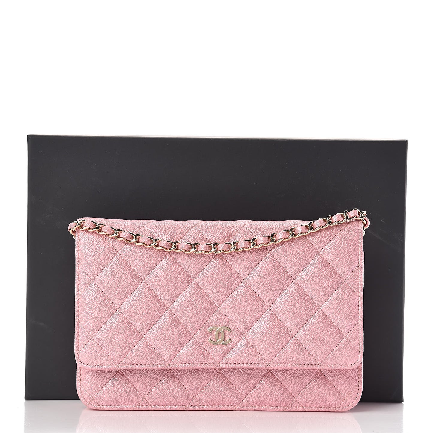 Iridescent Caviar Quilted Wallet on Chain WOC Rose Pink