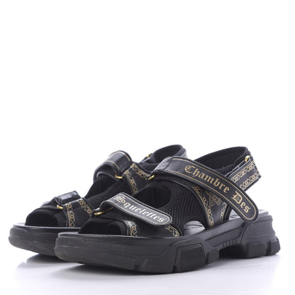 Gucci Nappa Mesh Chambre des Squelettes Mens Aguru Sandals 9 Black Gold 3 of 13