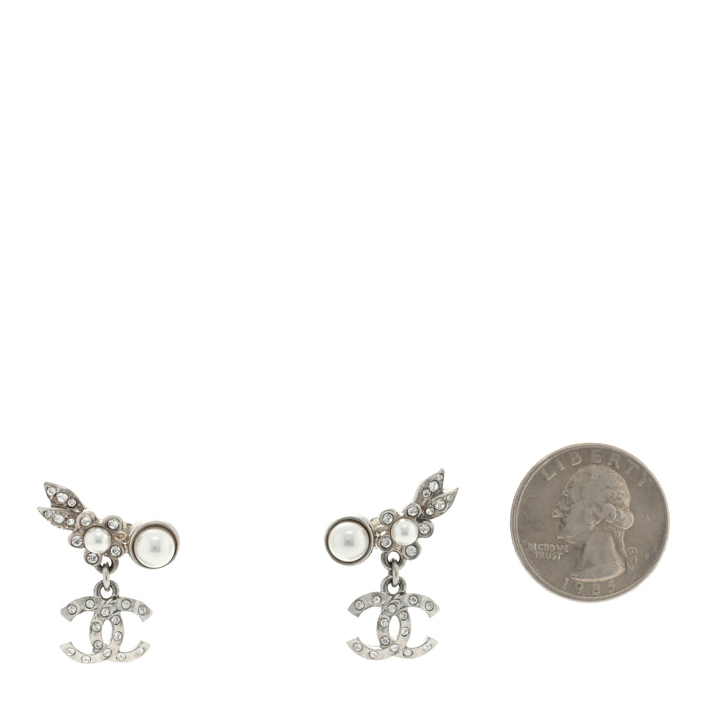 Crystal Pearl CC Leaf Earrings Silver