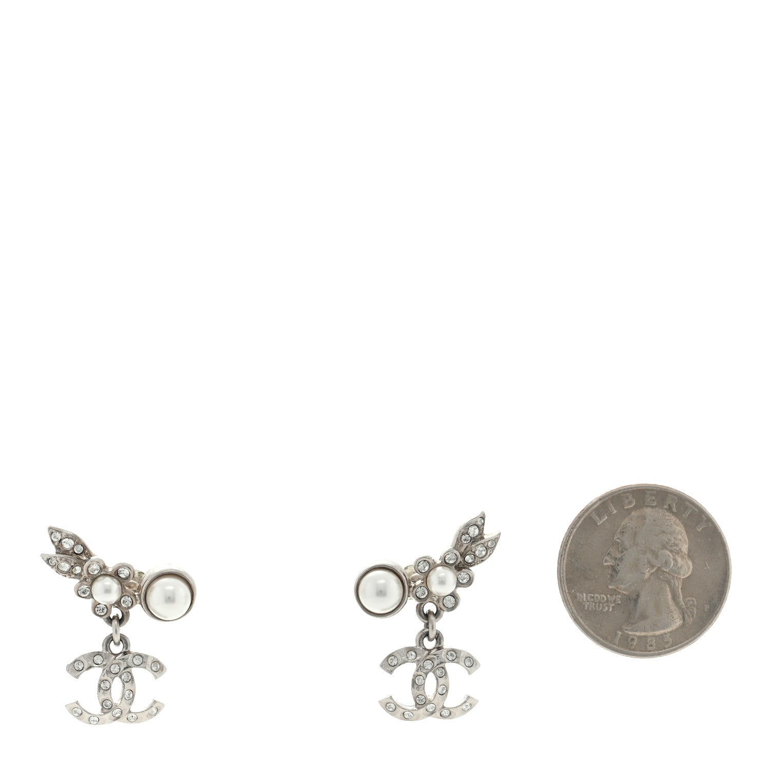 Chanel Crystal Pearl CC Leaf Earrings Silver 2 of 4
