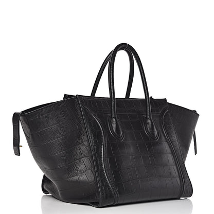 Celine Calfskin Crocodile Embossed Medium Phantom Luggage Black 3 of 10