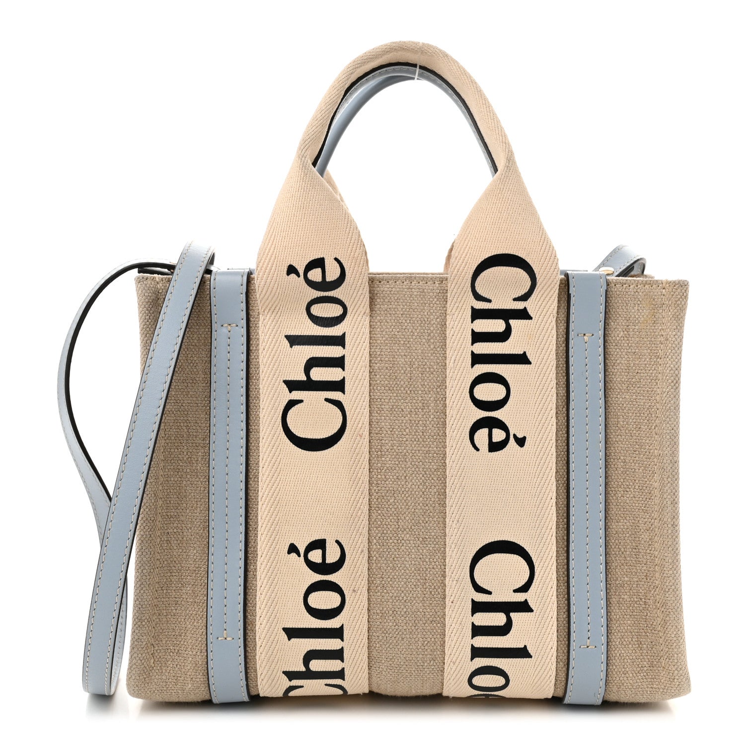 Chloe Cotton Calfskin Small Woody Ribbon Tote With Strap Light Blue 1 of 12