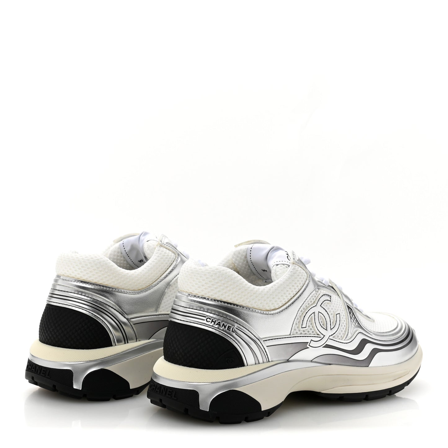 Fabric Laminated Calfskin Stretch CC Sneakers 39.5 White Silver