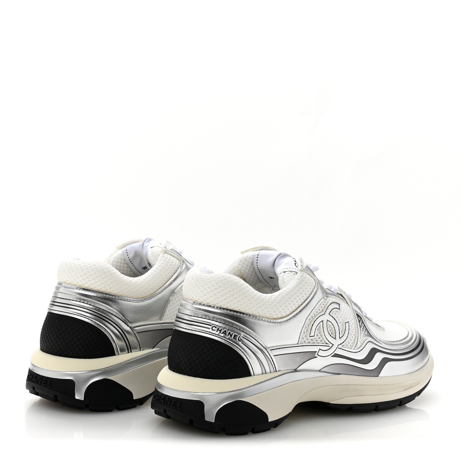 Chanel Fabric Laminated Calfskin Stretch CC Sneakers 39.5 White Silver 5 of 10