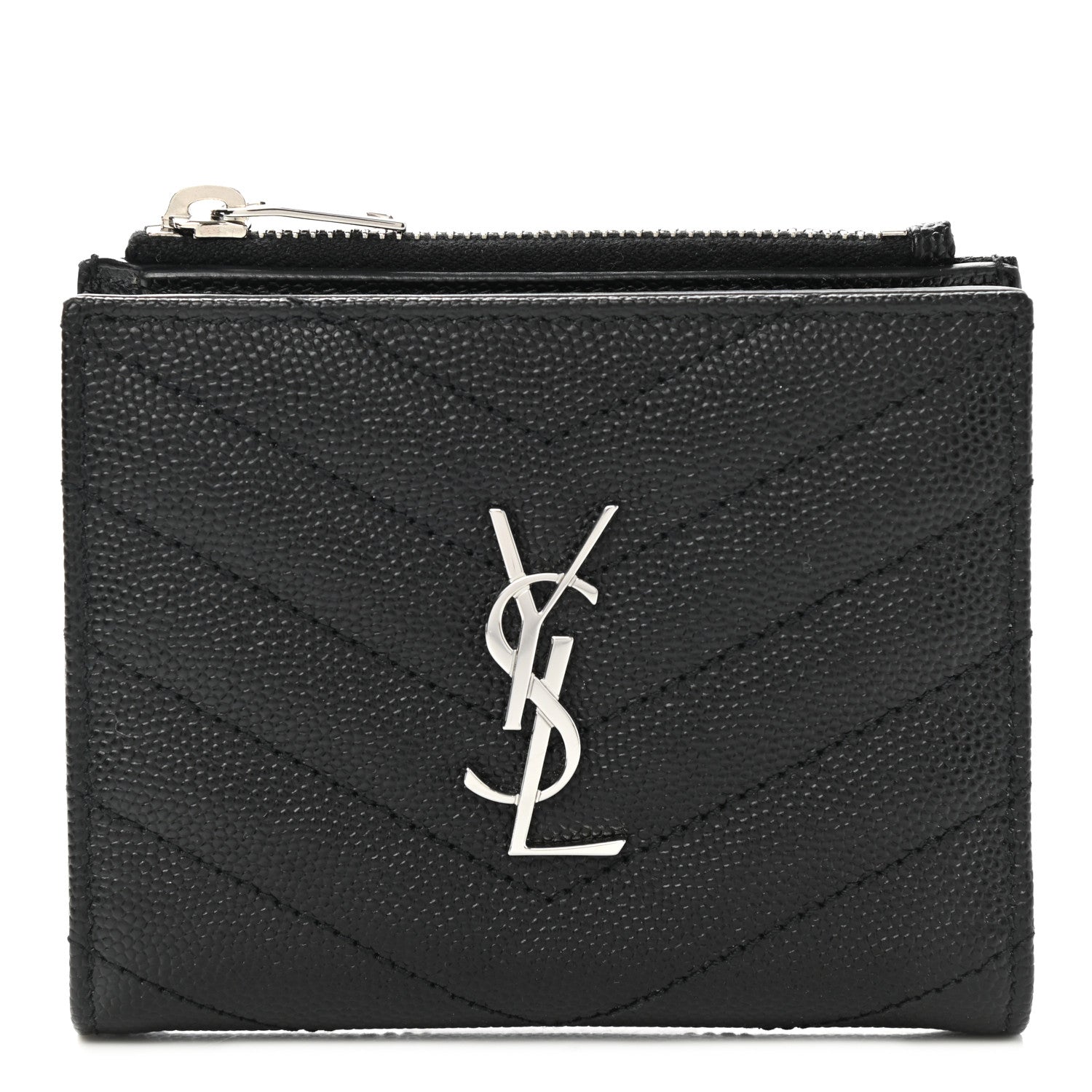Saint Laurent Grain De Poudre Matelasse Chevron Monogram Zipped Card Case Black 1 of 8