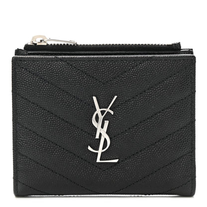 Saint Laurent Grain De Poudre Matelasse Chevron Monogram Zipped Card Case Black 1 of 8