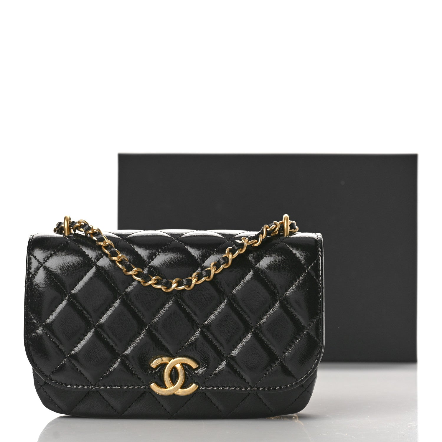 Chanel Shiny Lambskin Quilted Flap Phone Holder With Chain Black 10 of 10