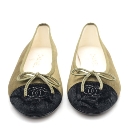 Chanel Velvet Cap Toe CC Ballerina Flats 36 Khaki Black 3 of 9
