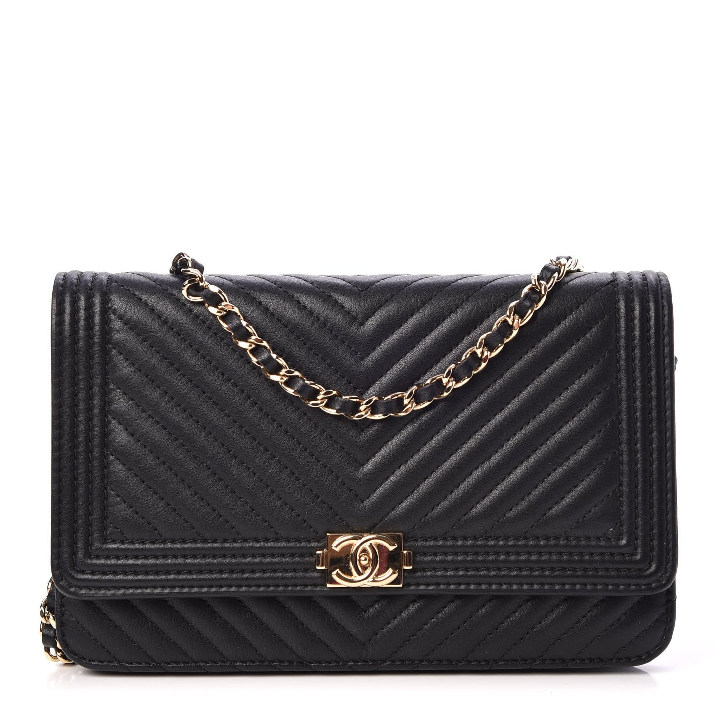 Calfskin Chevron Quilted Boy Wallet On Chain WOC Black