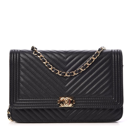 Chanel Calfskin Chevron Quilted Boy Wallet On Chain WOC Black 1 of 10