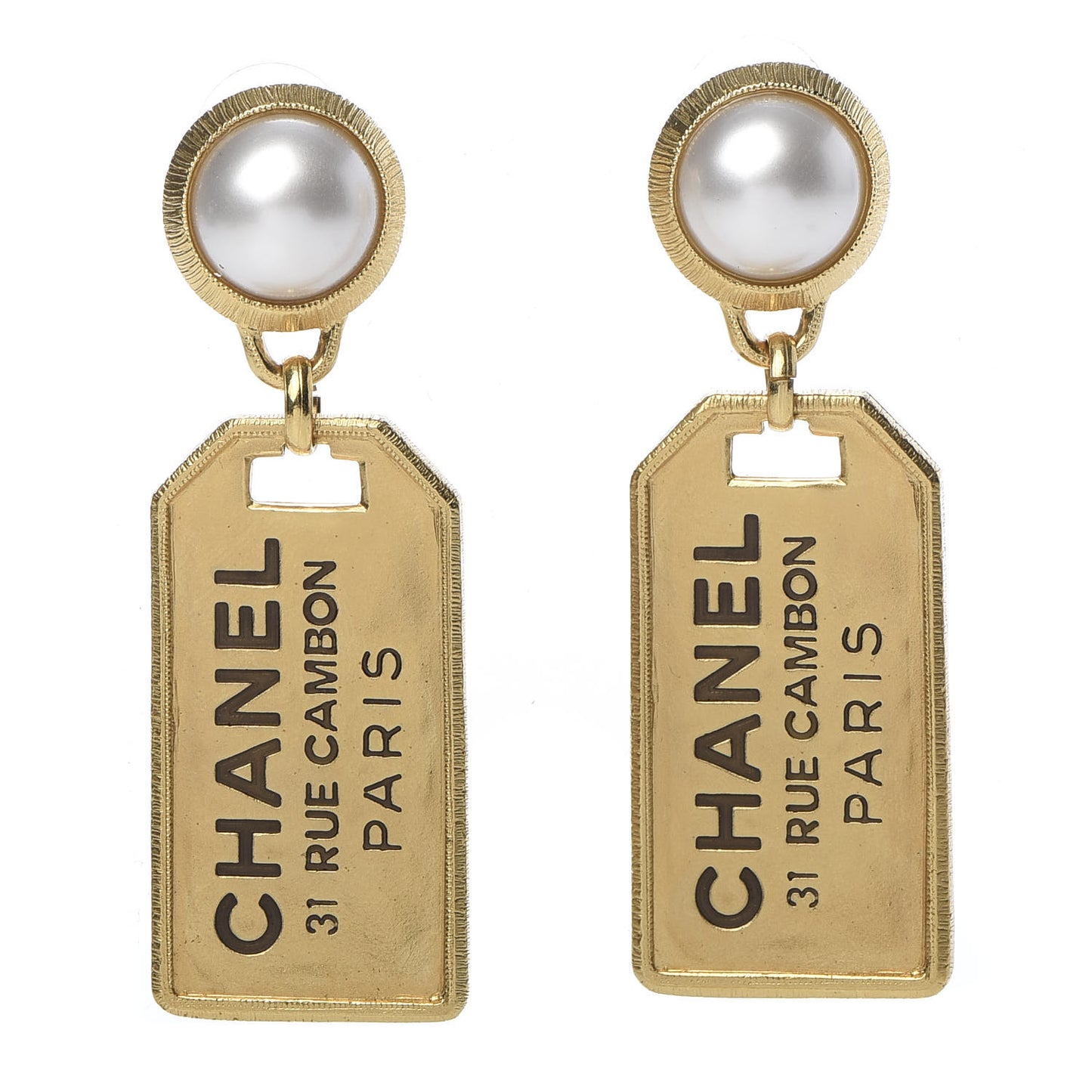 Pearl CC Tags Drop Earrings Gold