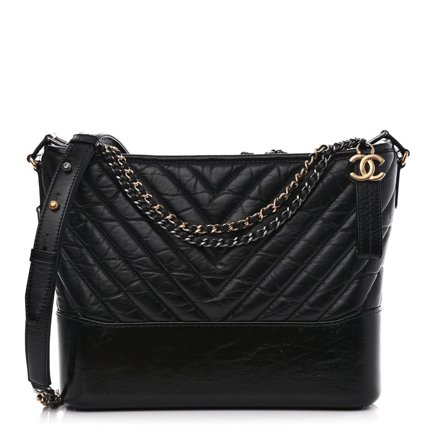 Aged Calfskin Chevron Quilted Medium Gabrielle Hobo Black