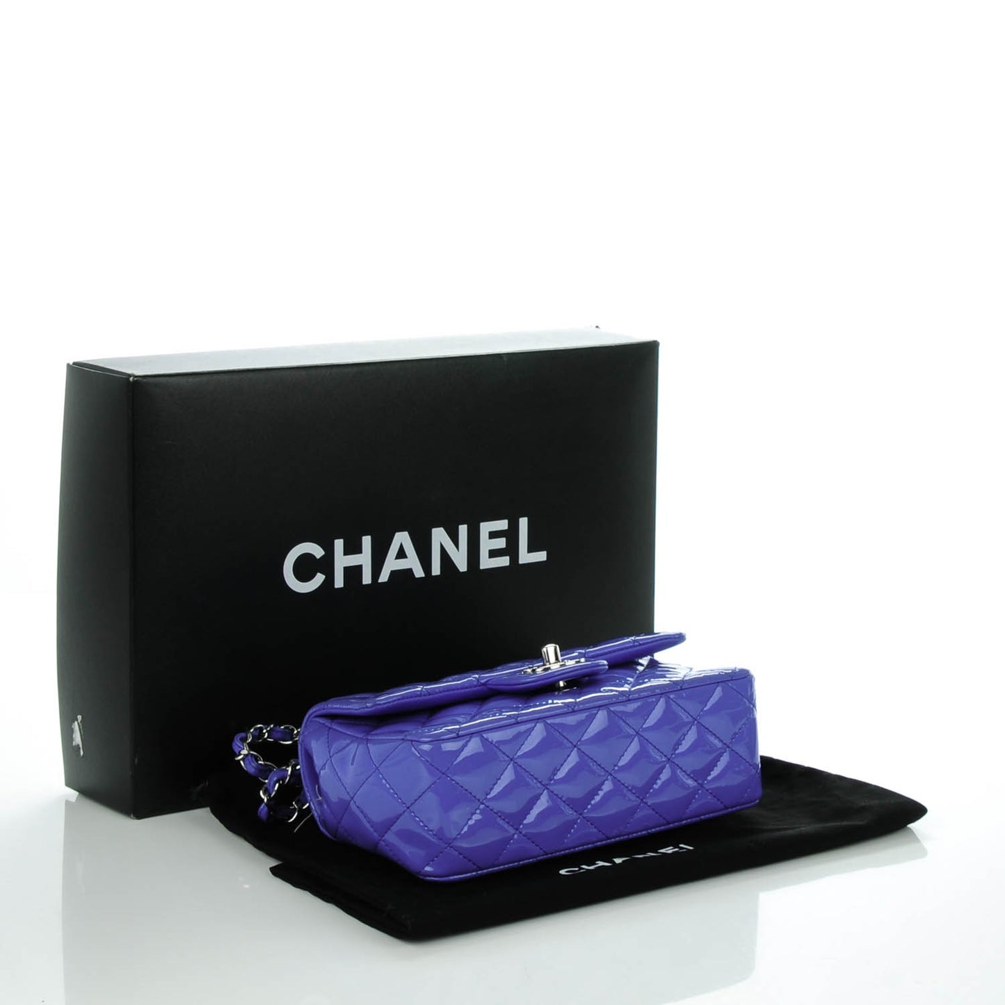 Patent Calfskin Quilted Mini Rectangular Flap Blue