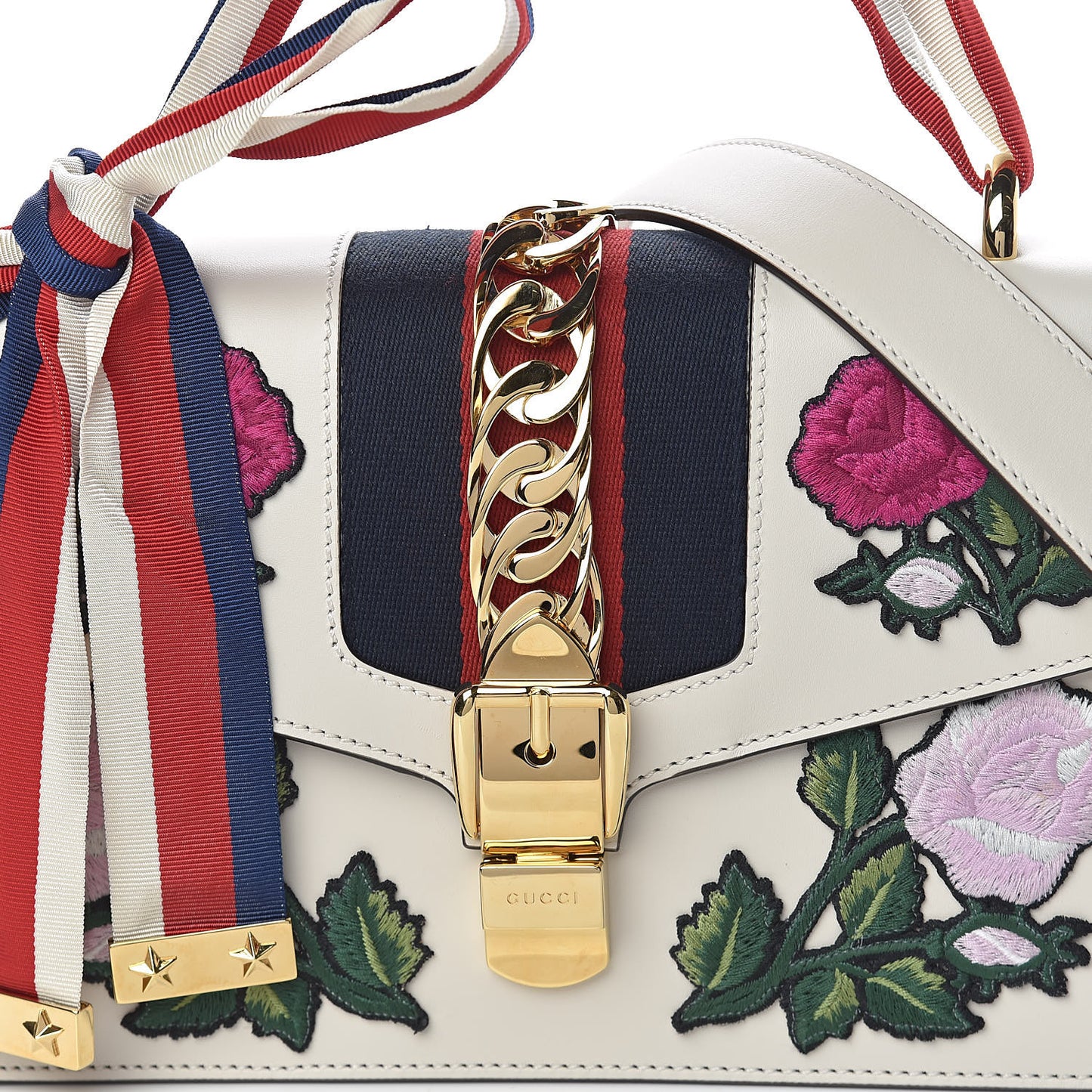 Calfskin Embroidered Small Sylvie Shoulder Bag White