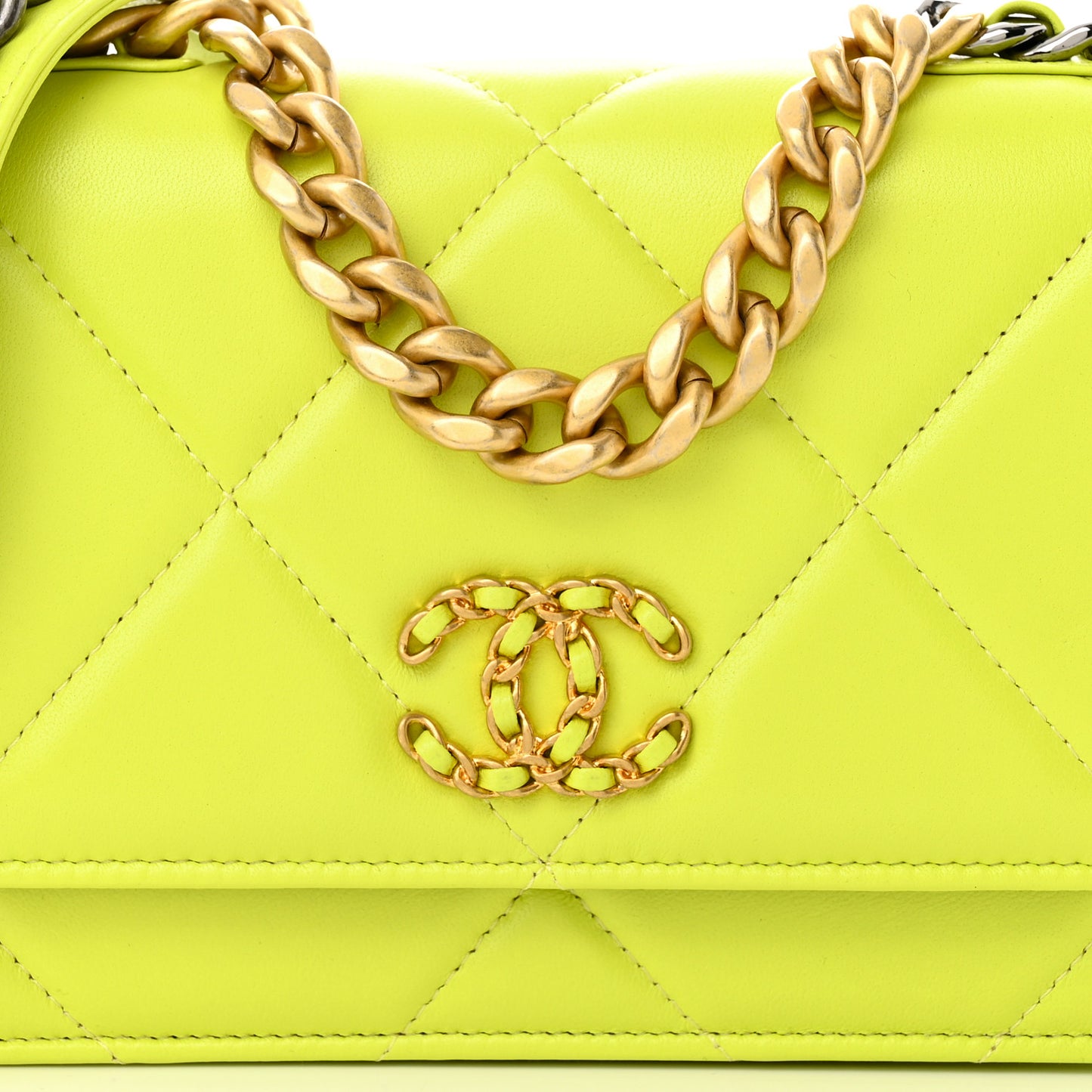 Shiny Lambskin Quilted Chanel 19 Wallet On Chain WOC Neon Yellow