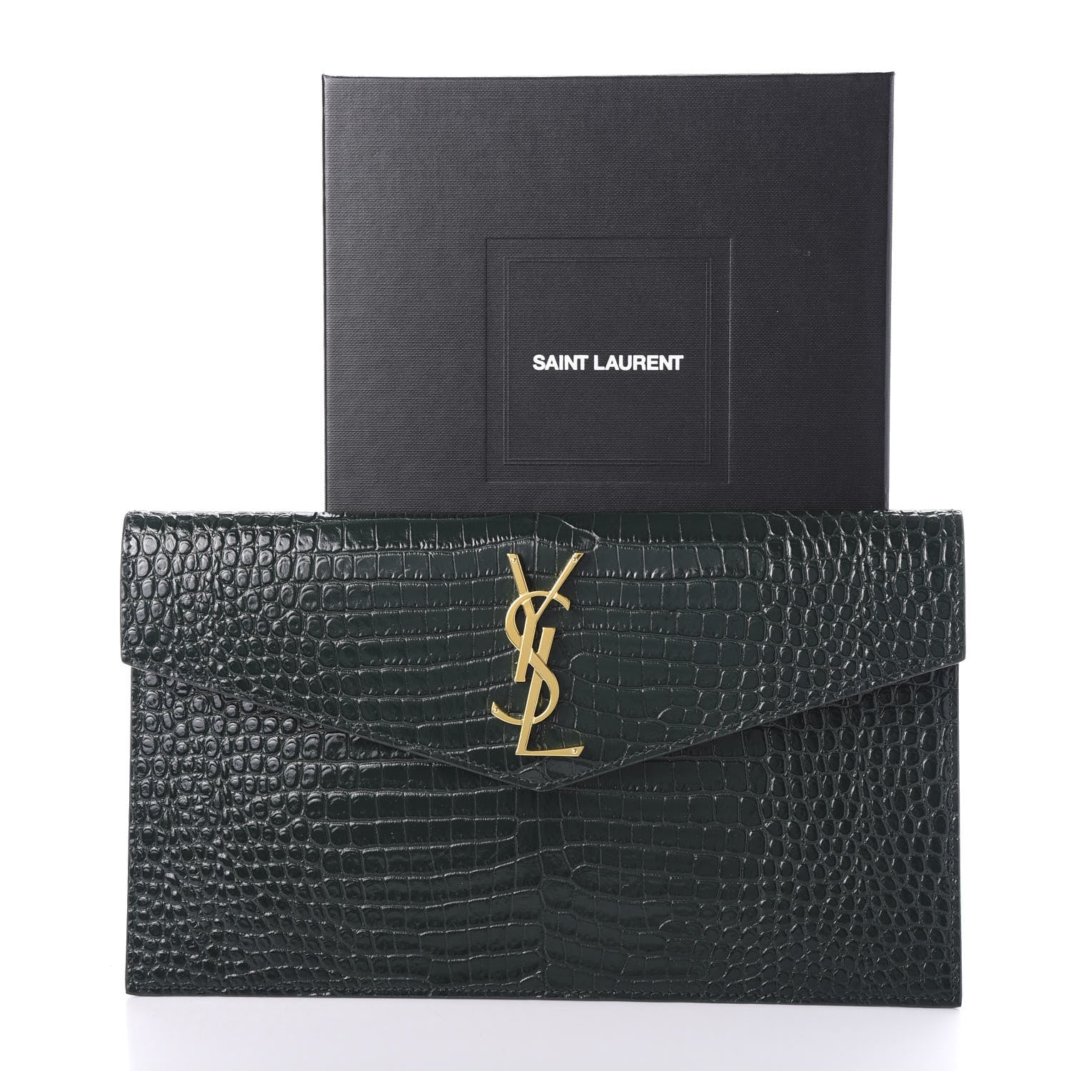 Saint Laurent Calfskin Crocodile Embossed Uptown Monogram Clutch Dark Green 9 of 9