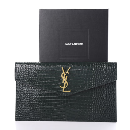 Saint Laurent Calfskin Crocodile Embossed Uptown Monogram Clutch Dark Green 9 of 9