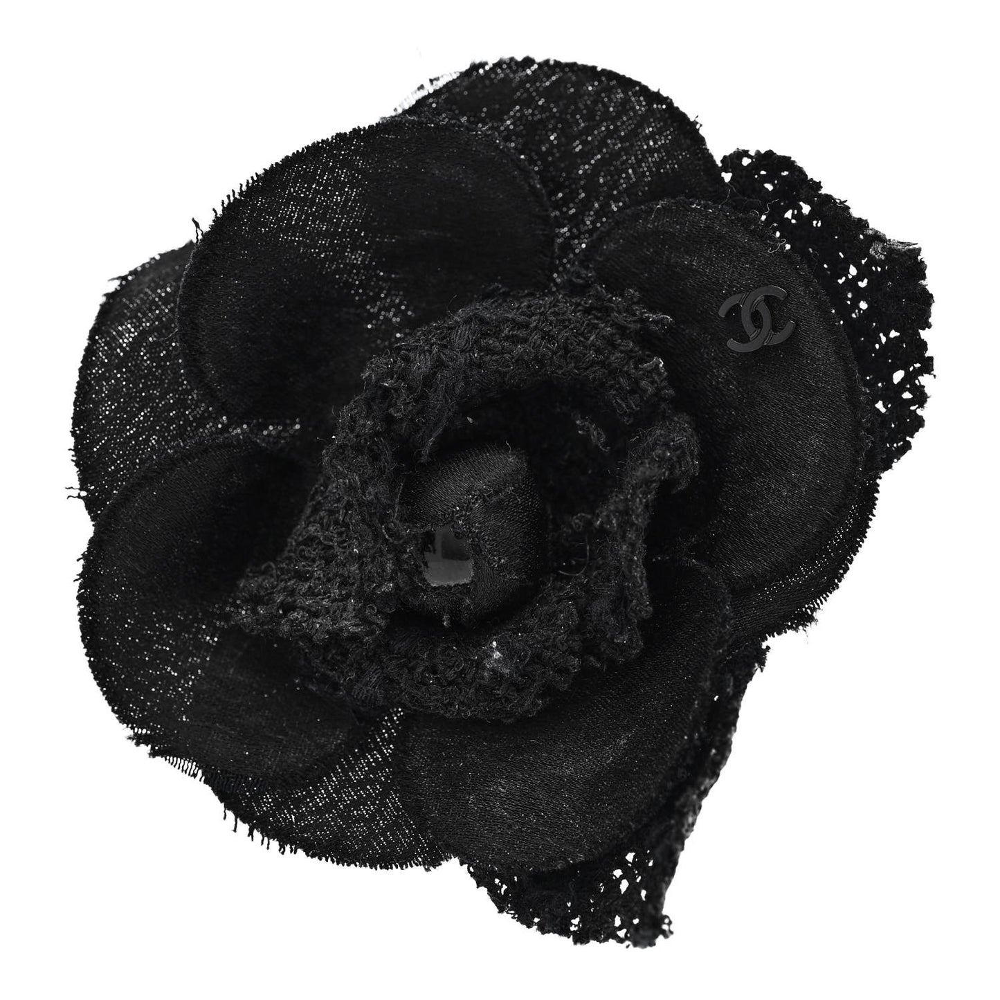 Tweed Fabric Camellia Pin Brooch Black