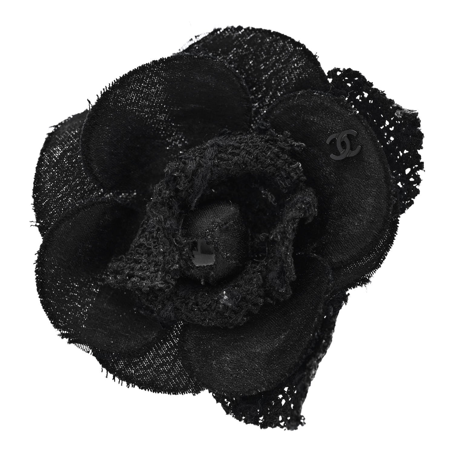 Chanel Tweed Fabric Camellia Pin Brooch Black 1 of 3
